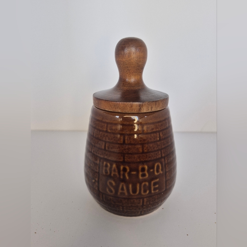 Vintage Ceramic BBQ Sauce Jar Pot with Lid and Attached Brush